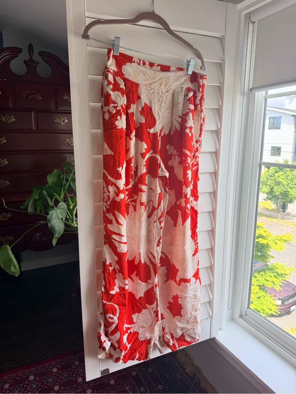 Red and Cream Floral Wide-Leg Pants